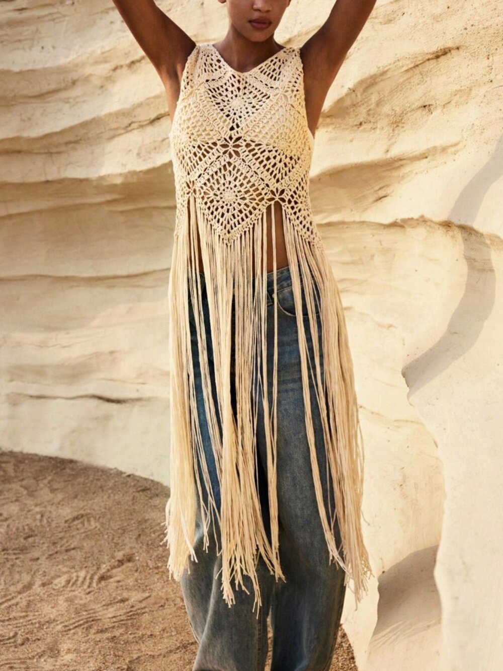 Apricot Casual Women's Fringed Hem Sleeveless Knit Top Boho Beach Holiday - Picture 7 of 7